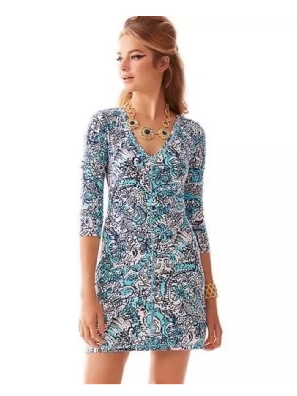Lilly Pulitzer Juliet Dress Hippy Hippy Shake Womens Large V Neck Blue Black